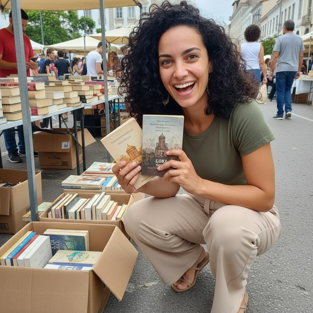 Mulher de cabelos cacheados agachada em uma feira de livros ao ar livre, segurando dois livros e sorrindo para a câmera.