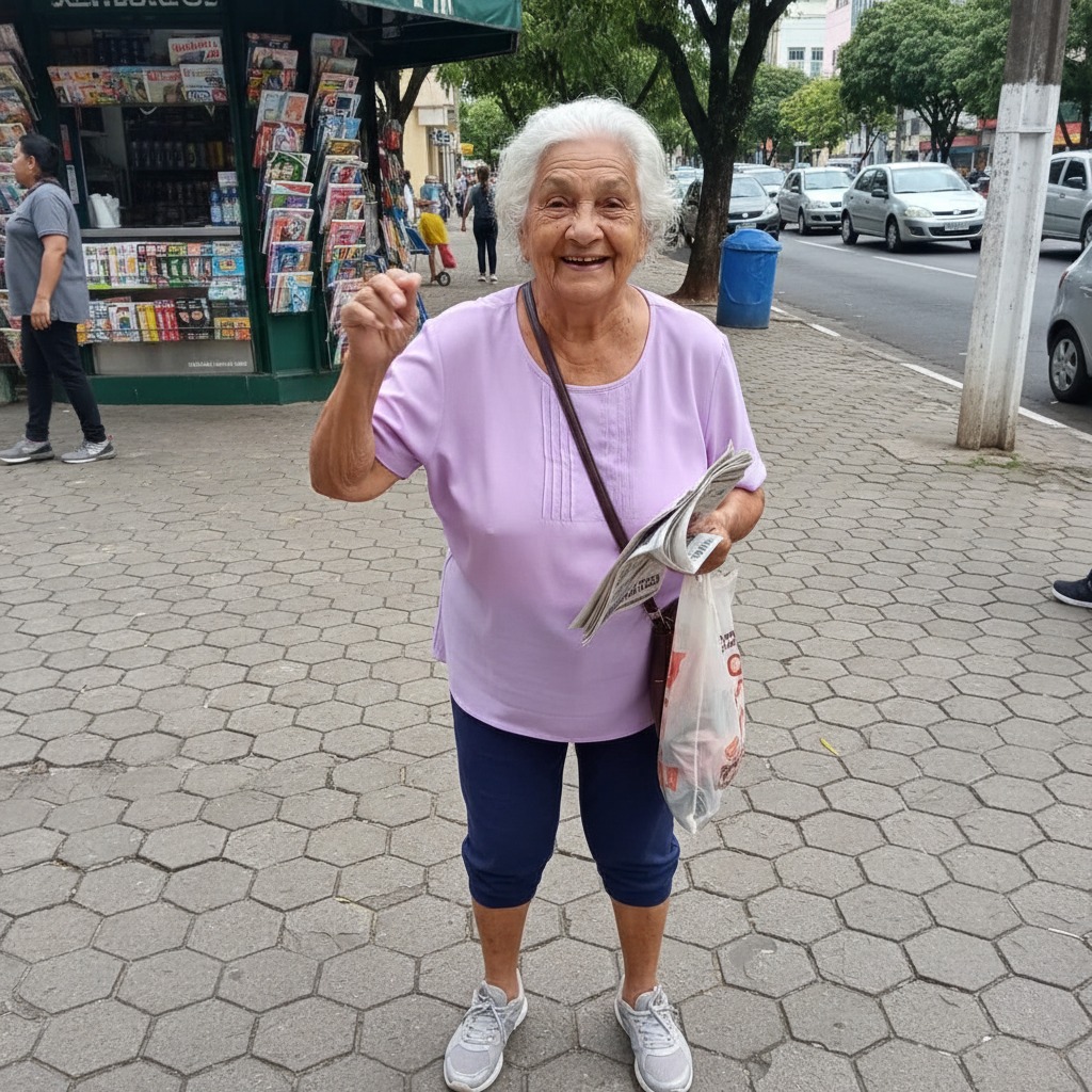 Uma senhora sorridente de cabelos brancos, vestindo blusa lilás e calça azul, segura um jornal e uma sacola plástica em uma calçada próxima a uma banca de revistas.