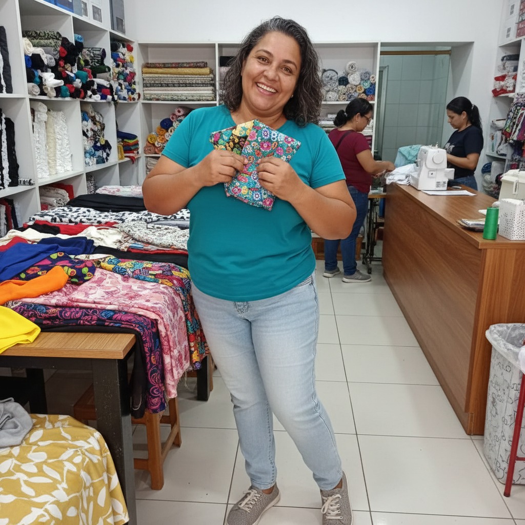 Mulher sorridente segura retalhos de tecido estampados em uma loja de tecidos com prateleiras organizadas ao fundo.